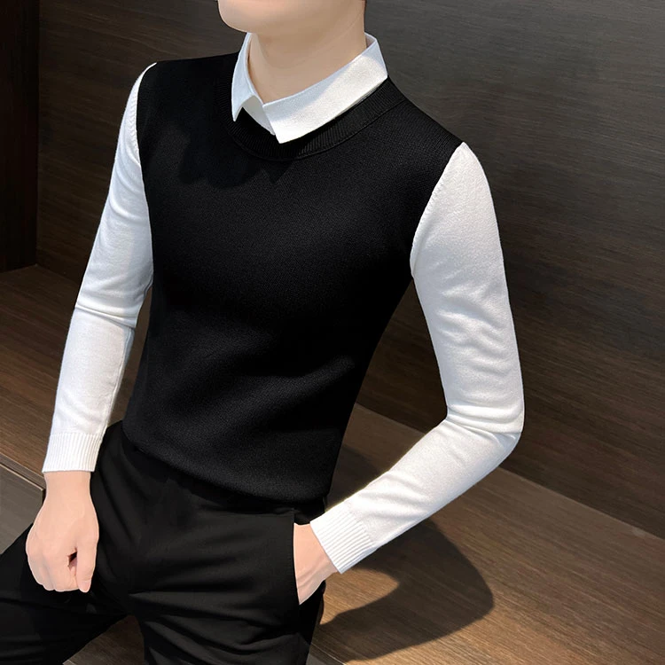 假两件毛衣男款2025新款潮流男装秋季款修身长袖衬衫领打底针织衫