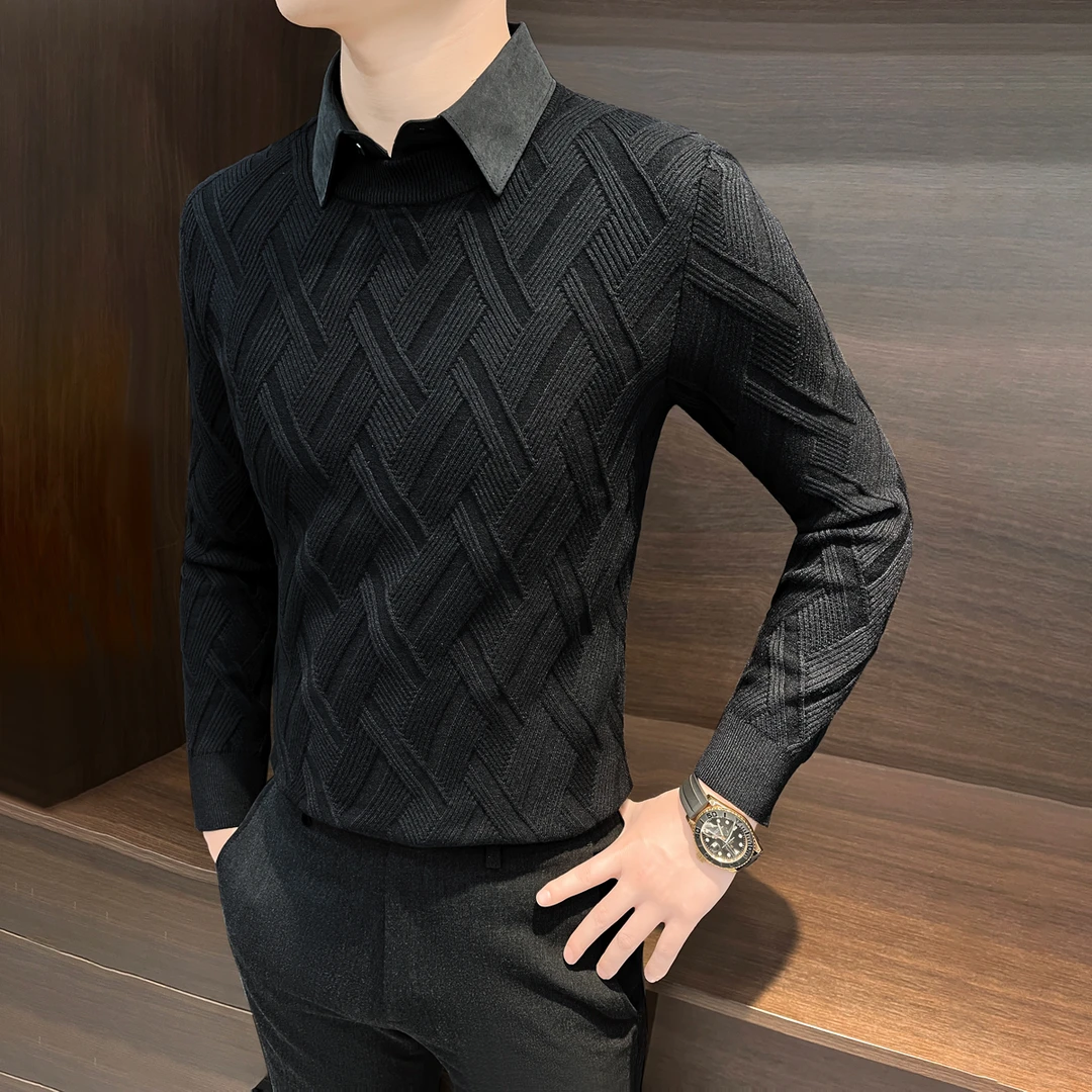提花毛衣男款爆款2025新款成熟痞帅男装秋冬假两件衬衫针织打底衫