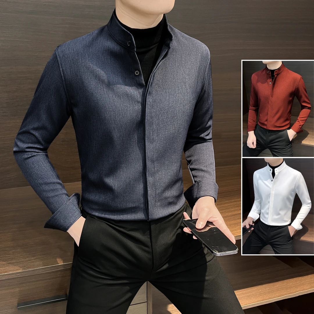 假两件长袖衬衫男款2025新款爆款痞帅高级感男装秋季国风立领衬衣