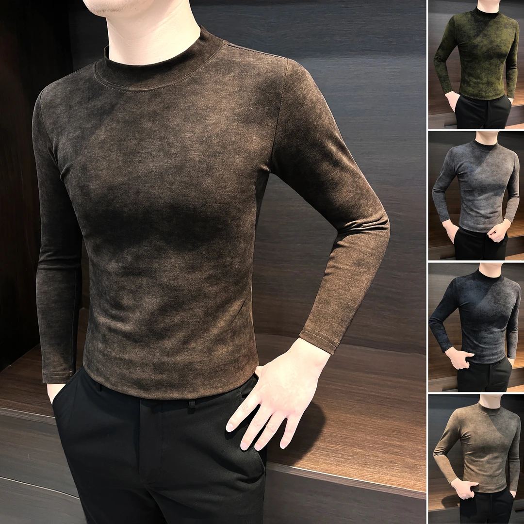 扎染男士打底衫爆款2025新款秋冬款痞帅男装中领渐变内搭长袖t恤