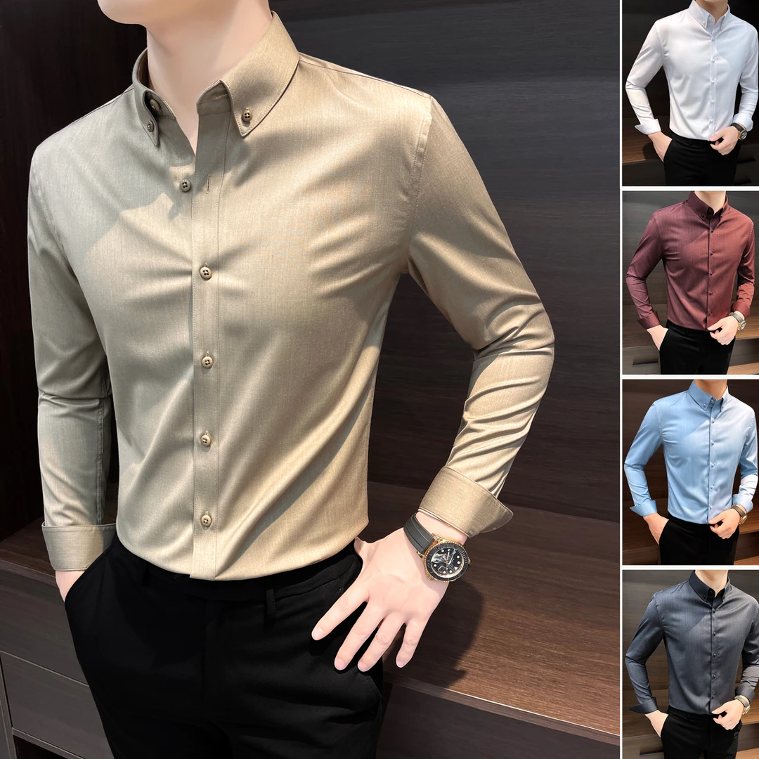纽扣领长袖衬衫男款爆款2025新款痞帅高级感商务秋季轻奢男士衬衣