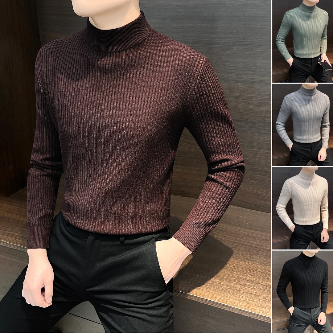 条纹中领毛衣男款爆款2025新款春季款高级感内搭半高领针织打底衫