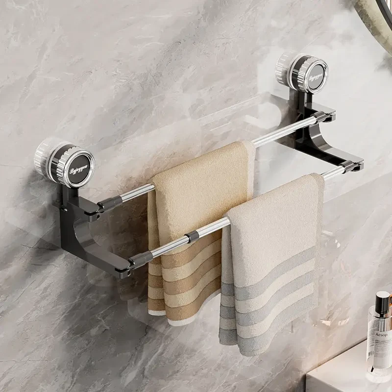 荞芬吸盘双杆旋转伸缩毛巾架家用卫生间免打孔壁挂式晾晒架杆