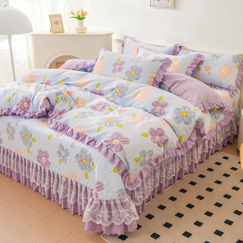 (四季款)被套四件套床盖款夹棉床盖不跑不滑蕾丝花边韩版小清新