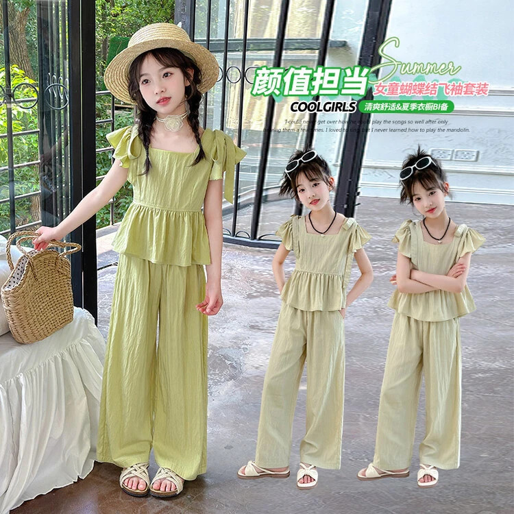 亲子装2024夏季新款时尚休闲阔腿女孩宽松儿童复古蝴蝶结飞袖套装