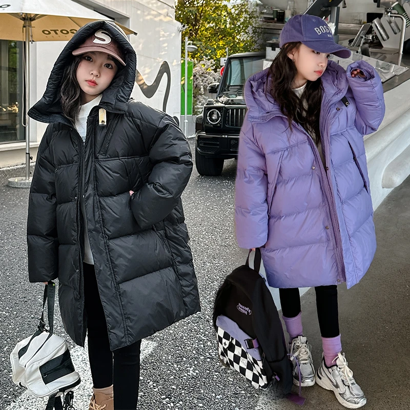 2023冬季新款亲子女童中大童时尚女孩韩版洋气保暖连帽长款羽绒服
