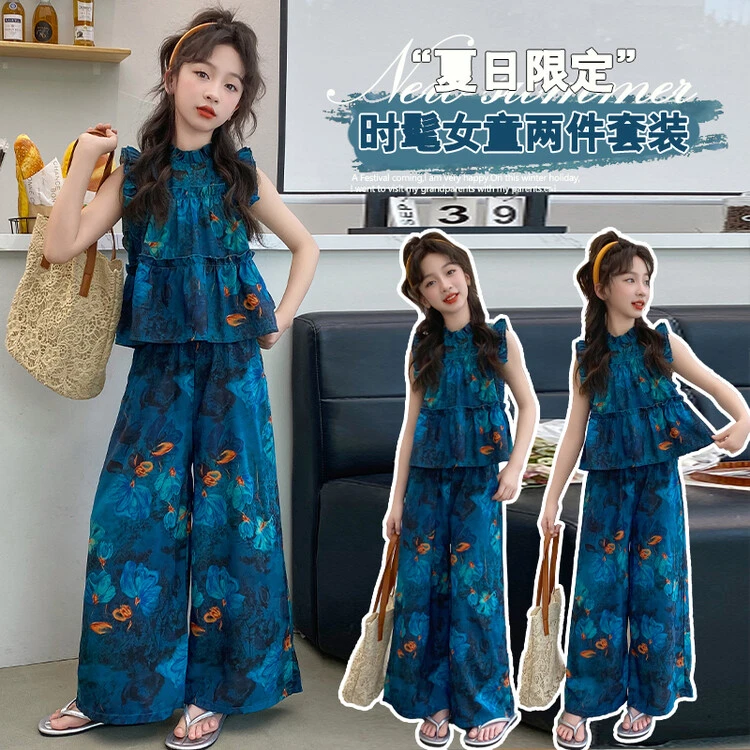 2024夏季新款时尚女孩宽松儿童百搭显瘦女童夏装新中式孔雀蓝套装