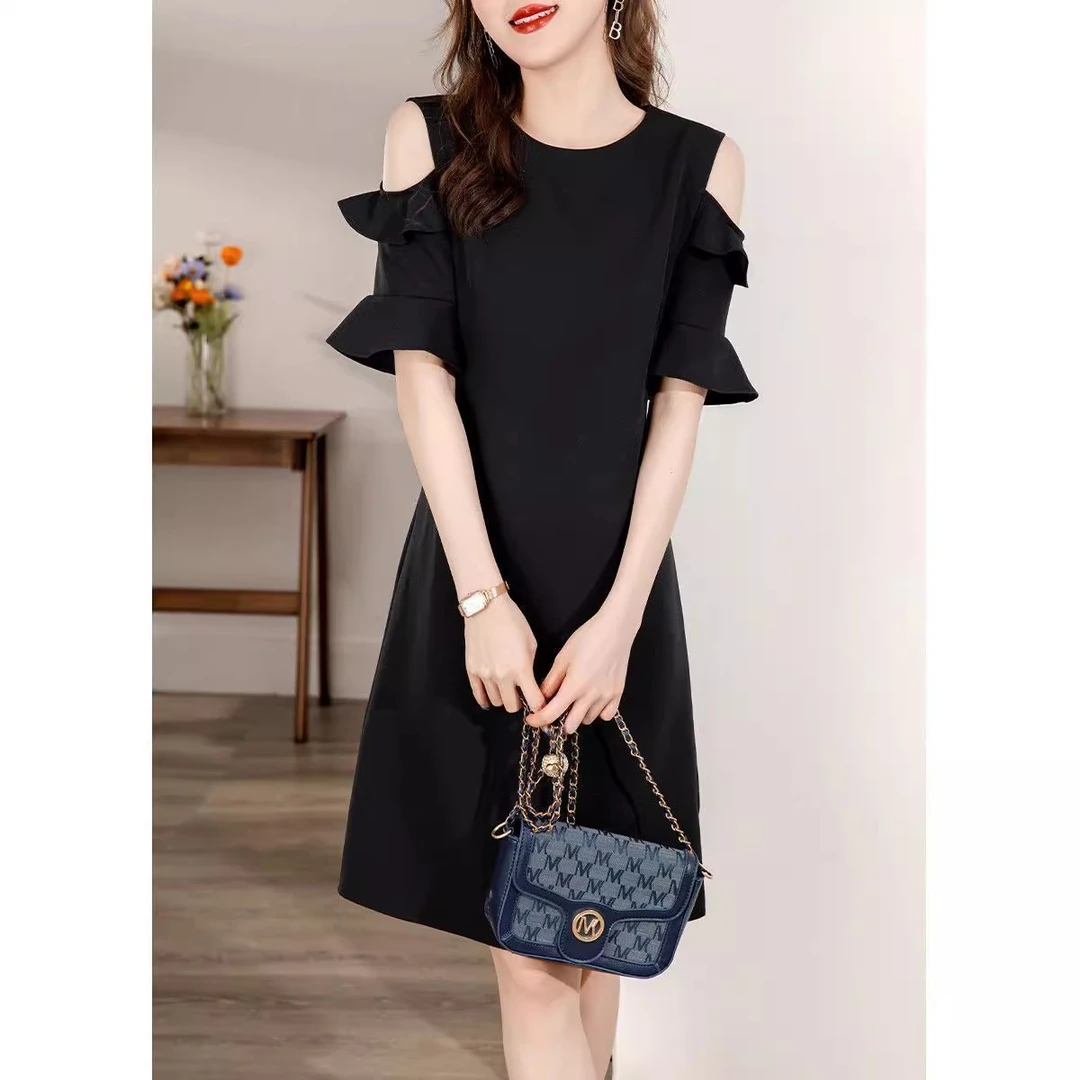 胖mm赫本风a字小黑裙女大码夏装高级感气质收腰荷叶边雪纺连衣裙