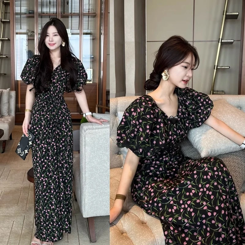 胖mm泡泡袖碎花连衣裙子女夏季2025法式气质绝美大码宽松遮肚长裙