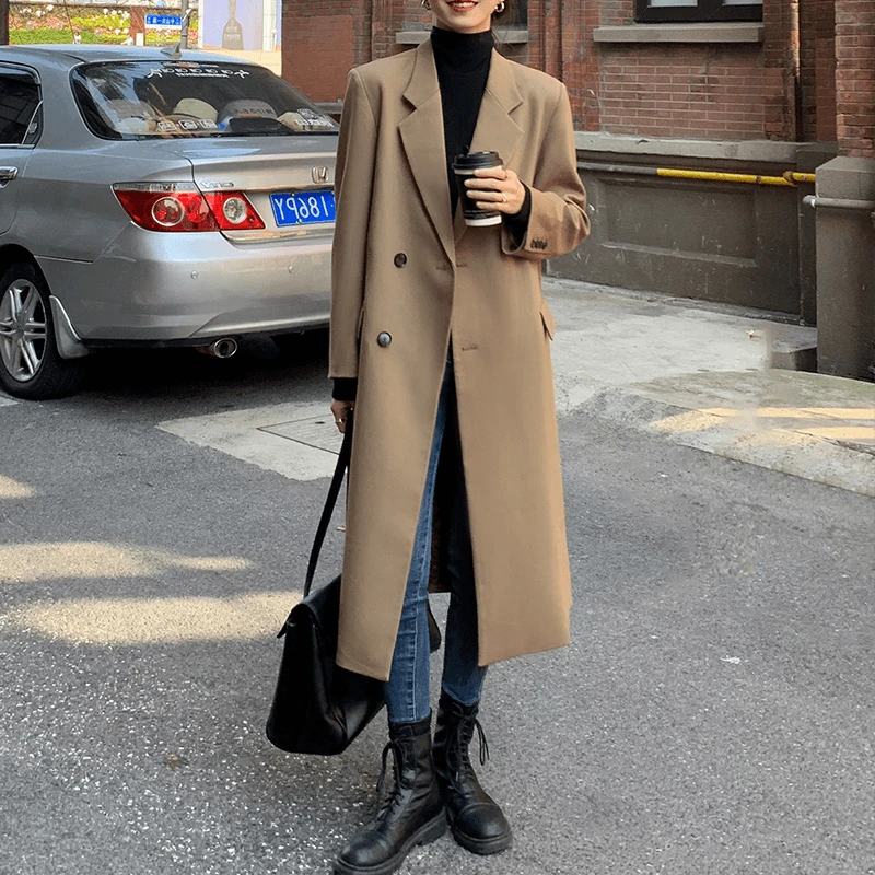 胖mm长款西装外套女过膝垂感宽松外套潮春秋新款显瘦遮肚大码风衣