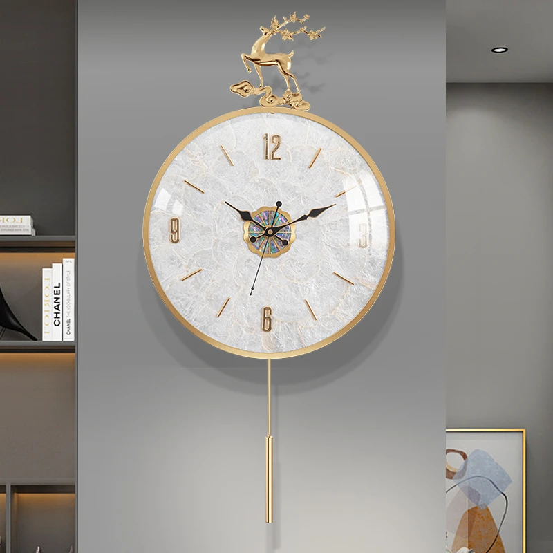 新中式福禄创意黄铜贝壳客厅静音挂钟自动对时石英钟表现代摆时钟