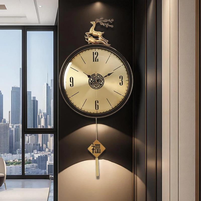 新中式轻奢黄铜挂钟家用客厅高级感创意挂墙高档钟表静音石英钟