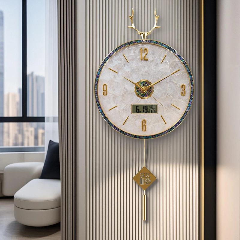 黄铜贝壳高端万年历挂钟家用客厅挂墙时钟创意壁钟静音石英钟表