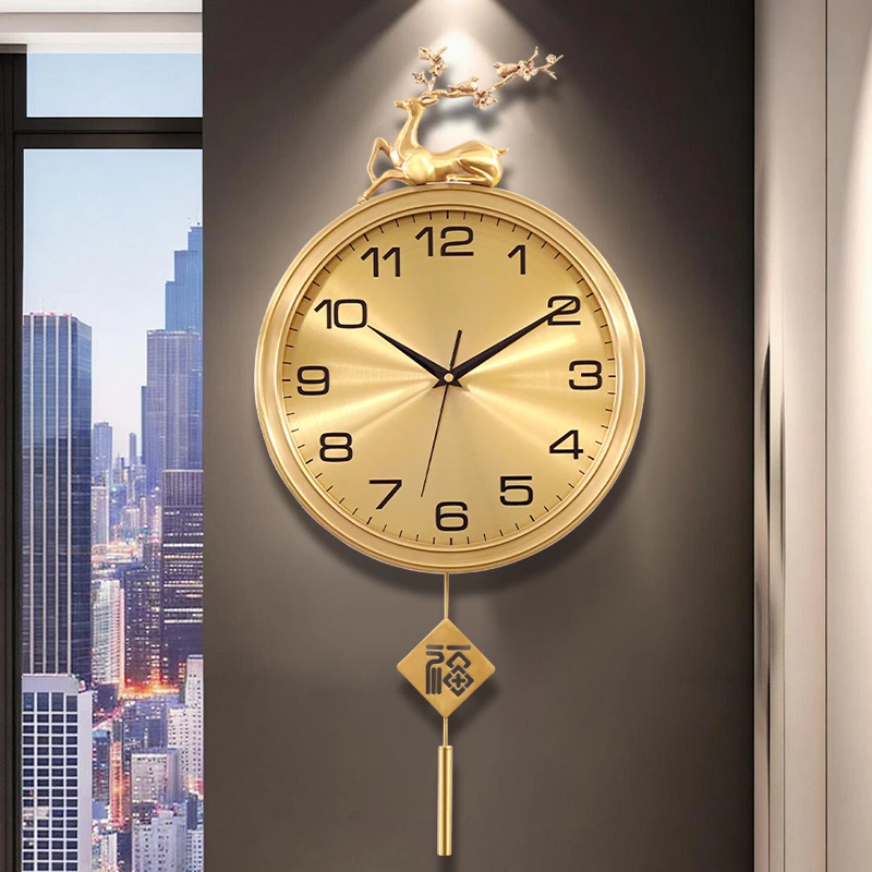 新中式家用黄铜挂钟客厅高端装饰钟表创意轻奢挂墙时钟静音石英钟