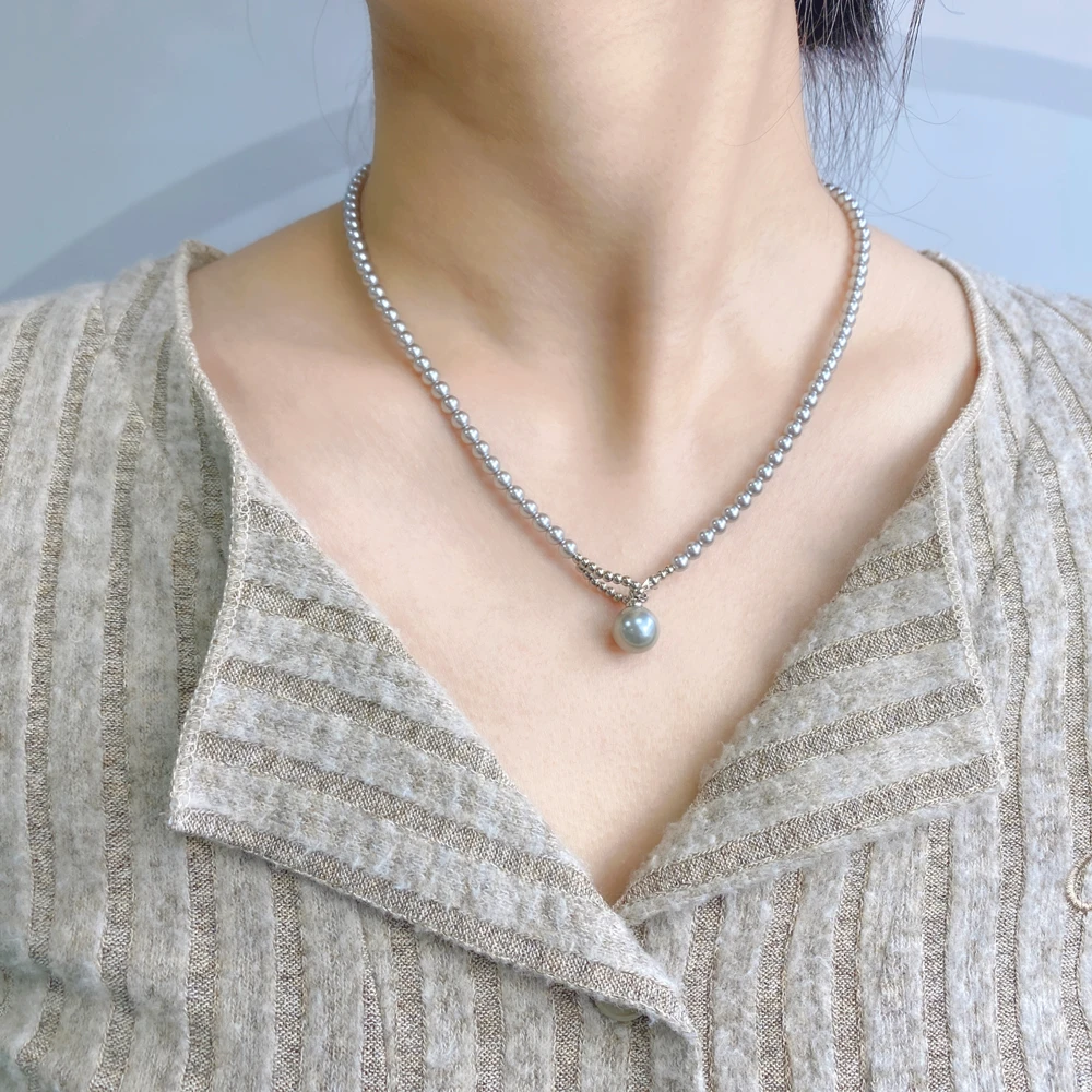 铜合金玻璃项链 时尚气质百搭灰色光珠银珠简约可调节项链