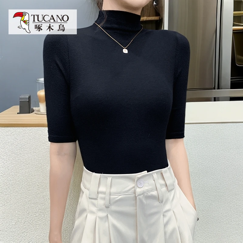 啄木鸟春秋螺纹半高领五分袖T恤女装修身百搭时尚打底衫内搭上衣
