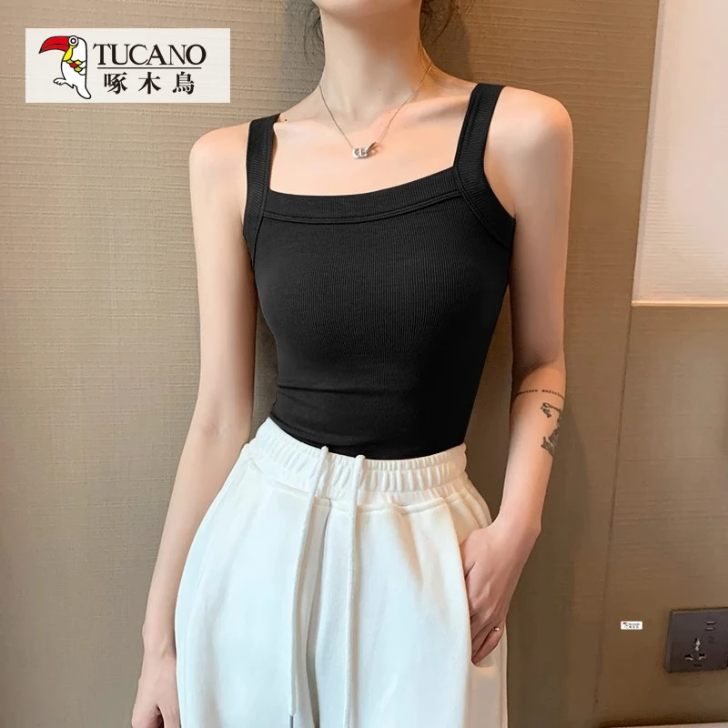 啄木鸟JS纯色吊带背心女西装内搭夏外穿法式方领打底针织无袖上衣