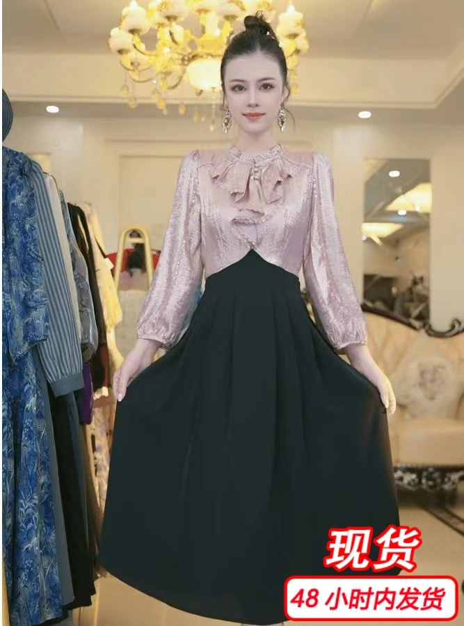 【现货】2024秋季新款887拼接花边假两件设计感中长款连衣裙