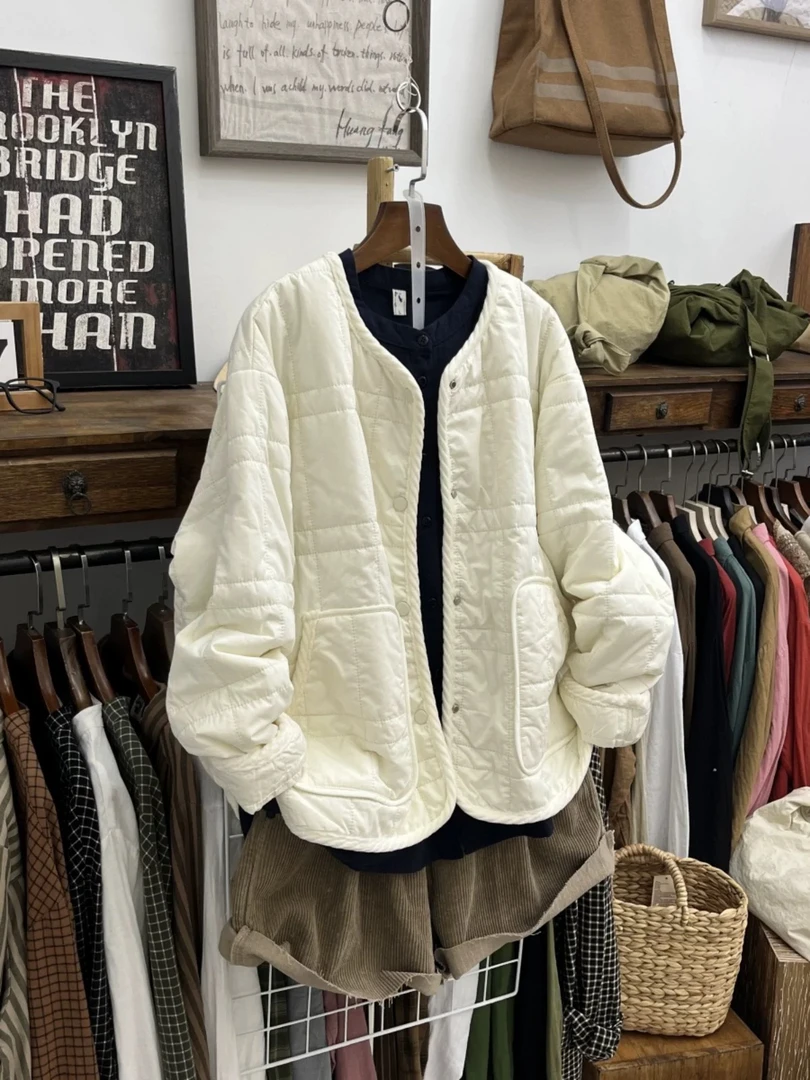 2024秋冬圆领棉衣100%羊毛填充轻薄外套日系百搭大码气质加厚棉袄