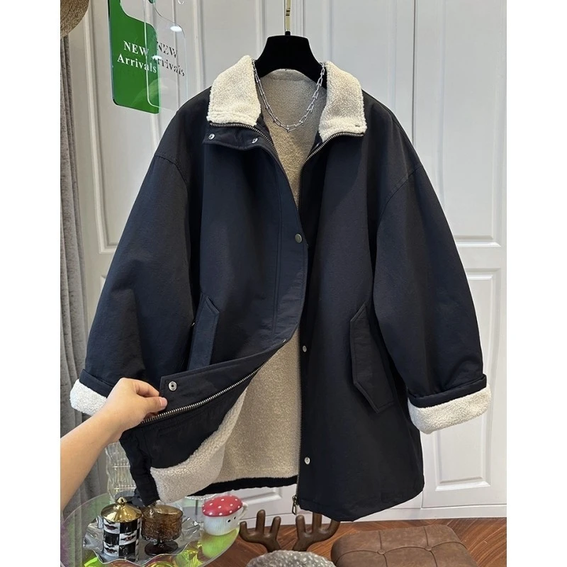 K7316高级感黑色毛茸茸翻领中长款工装外套女加绒加厚宽松冬季新