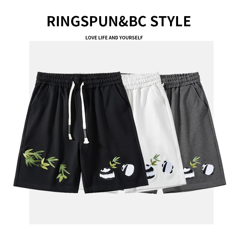 夏季新款潮流重磅刺绣熊猫短裤男夏季休闲五分裤情侣百搭抽绳女