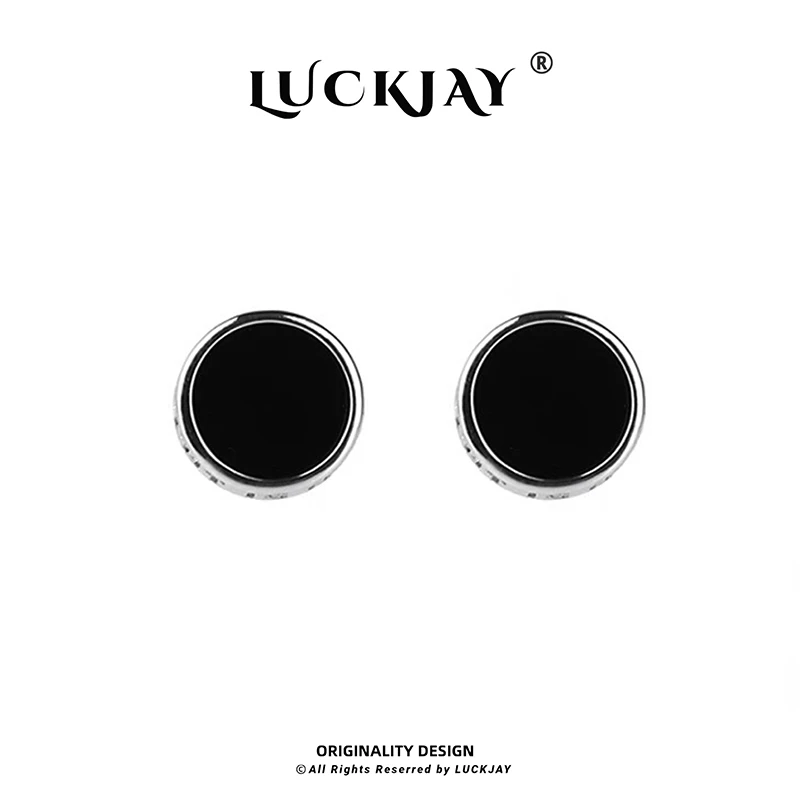 LUCKJAY 925银耳饰 百搭黑色圆形耳钉简约男士个性潮流冷淡风ins