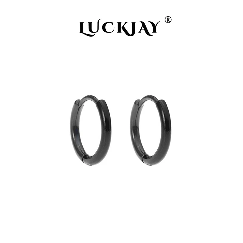 LUCKJAY 925银耳饰 耳环男黑色素圈嘻哈耳圈潮流个性秋冬光面ins
