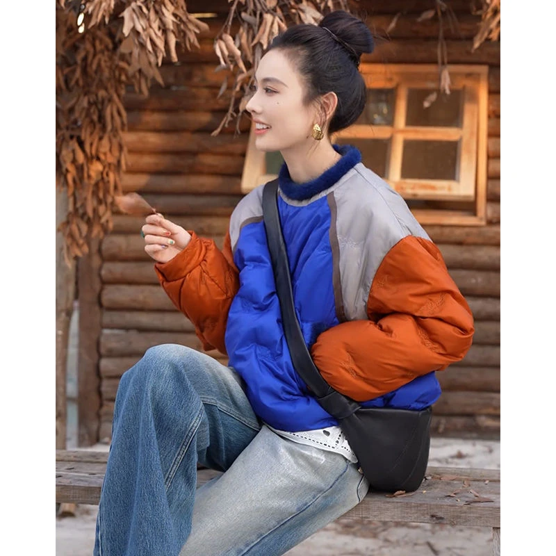 韩版百搭宽松拼色上衣女欧洲站2024冬季新款时尚休闲套头外套潮