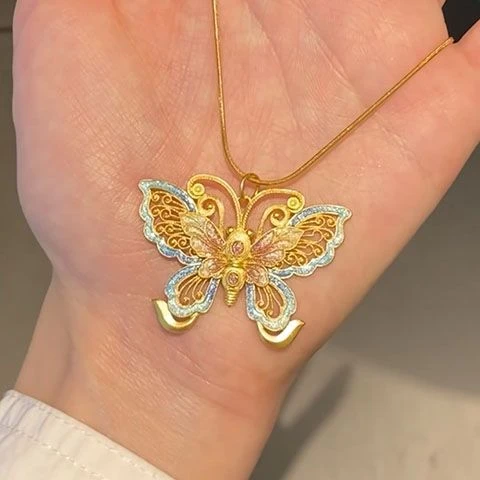 精致简约脉脉花蝶吊坠项链金色彩色蝴蝶珐琅高级
