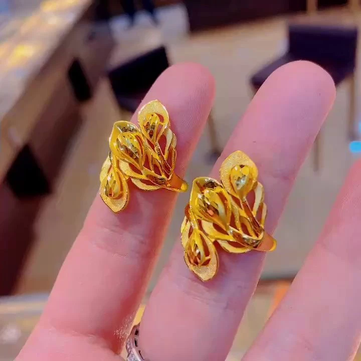铜合金戒指 精致简约金色凤尾戒指婚庆喜庆凤尾活口戒指 精致