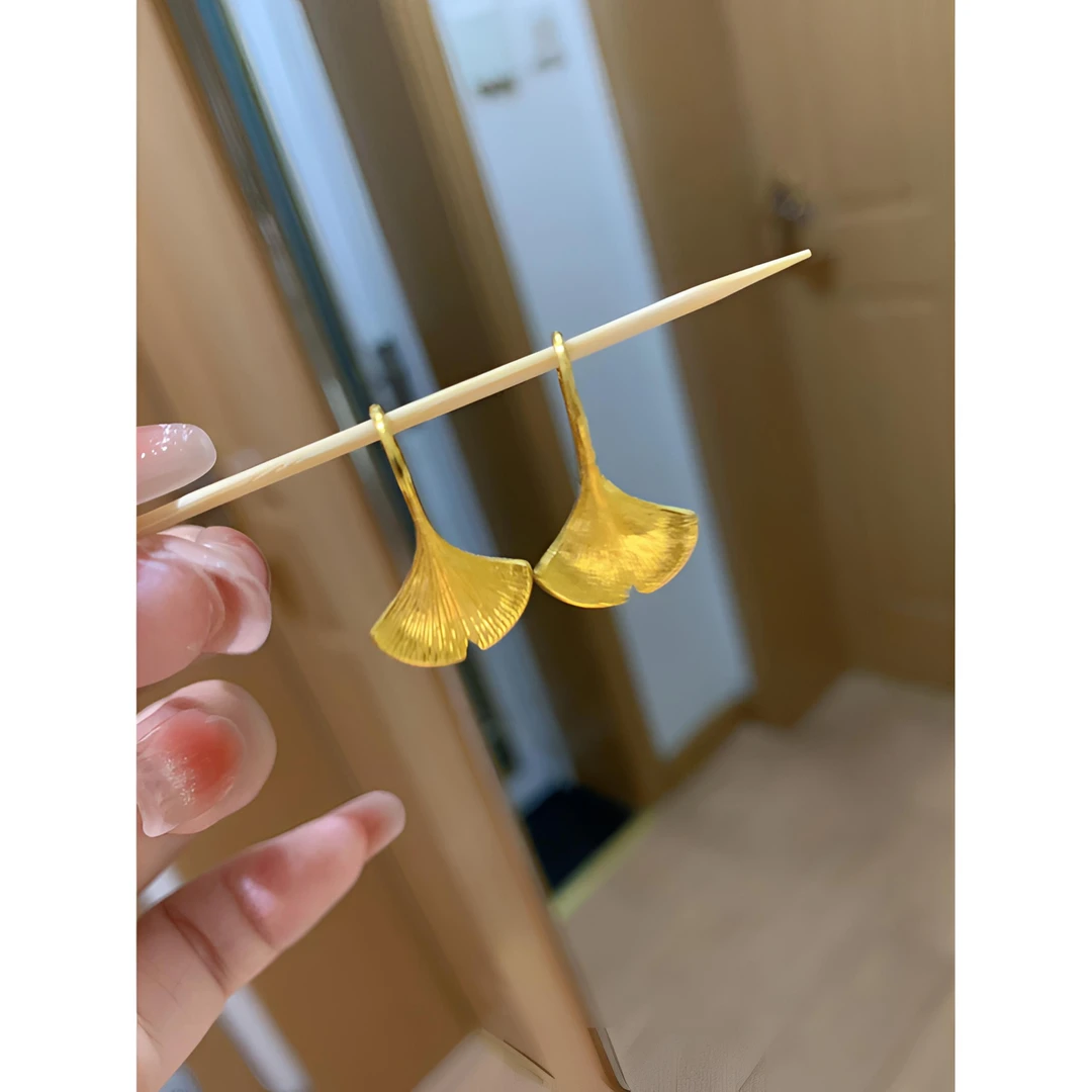 铜合金耳饰 三生有杏金色银杏叶耳环女小众轻奢高级感简约日常