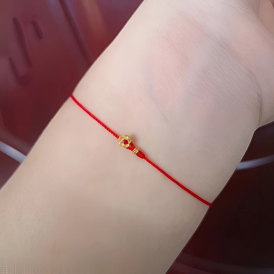 铜合金手链 小花红绳手链金色扣手绳精致简约女生小众设计百搭