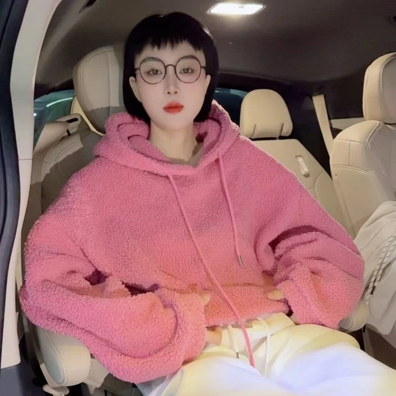 连帽粉色卫衣女士设计师时尚白色帽衫上衣1