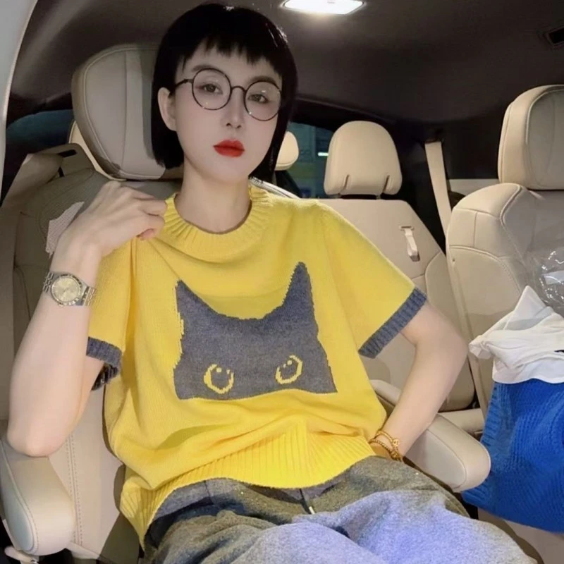圆领猫咪提花短袖秋冬轻奢时尚毛衣上衣毛衫