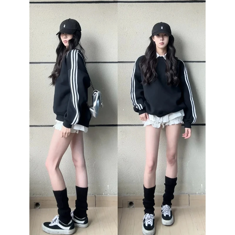 早春新款美式三条杠复古街头套头圆领卫衣女时尚百搭ins半身短裙