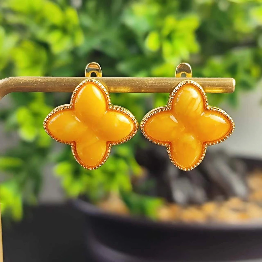 天然琥珀蜜蜡四叶草耳环时尚设计精美925银镶嵌大蜜蜡款耳环 0011