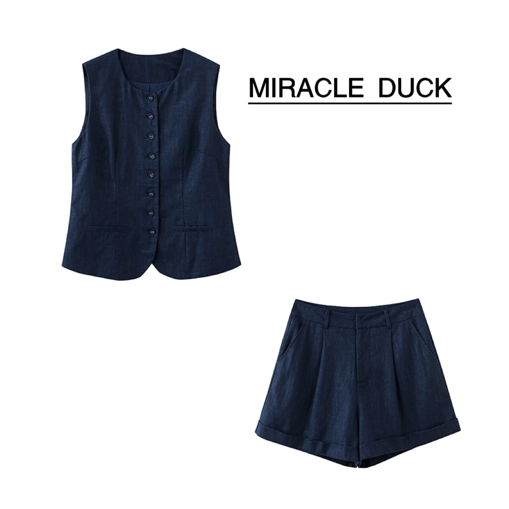 1号【墨青之蓝】夏季新款小香风宝蓝色棉麻马甲上衣短裤套装C1333