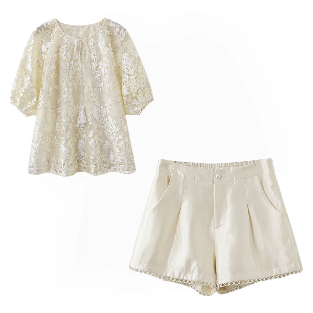 2号【竹叶中式】夏季洋气重工刺绣拼接蕾丝上衣短裤套装C1285