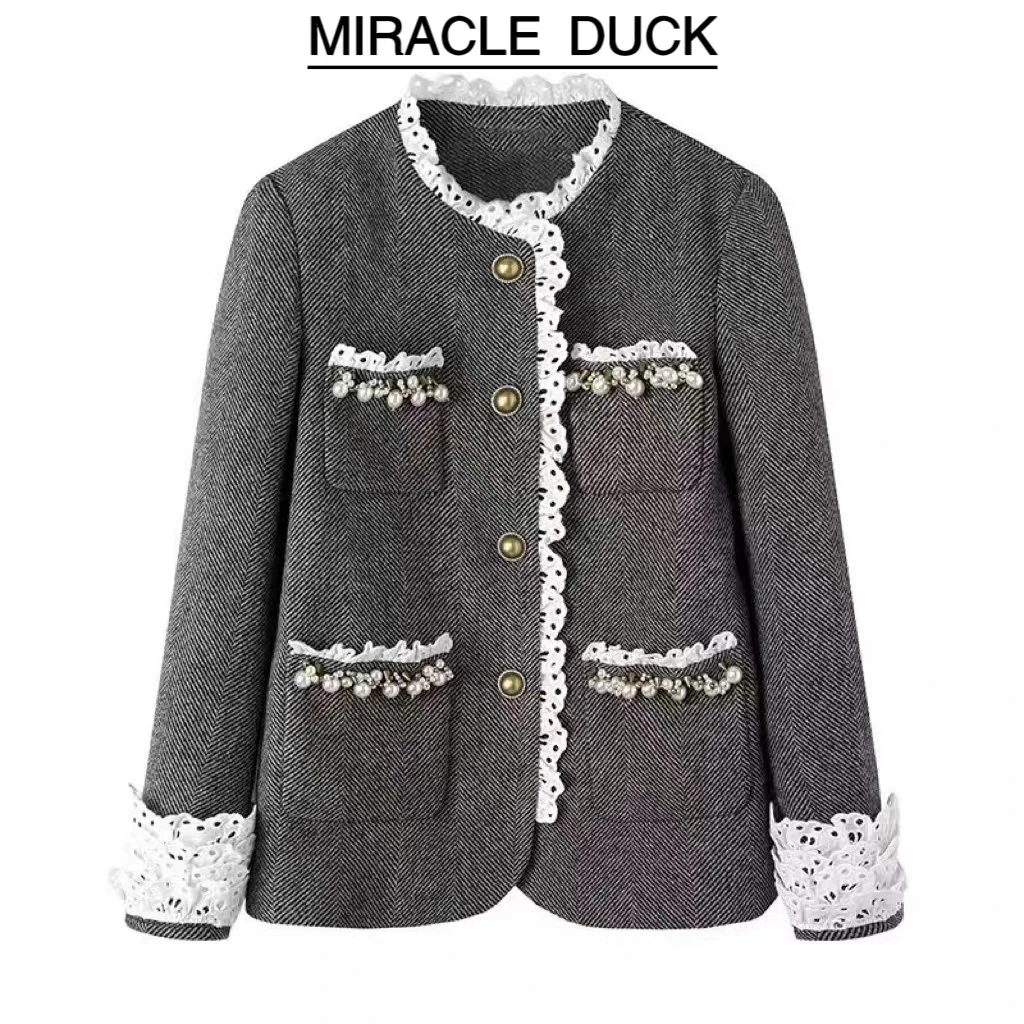 【明星穿搭】秋冬百搭定制重工钉珠设计蕾丝领中长款外套C696-1