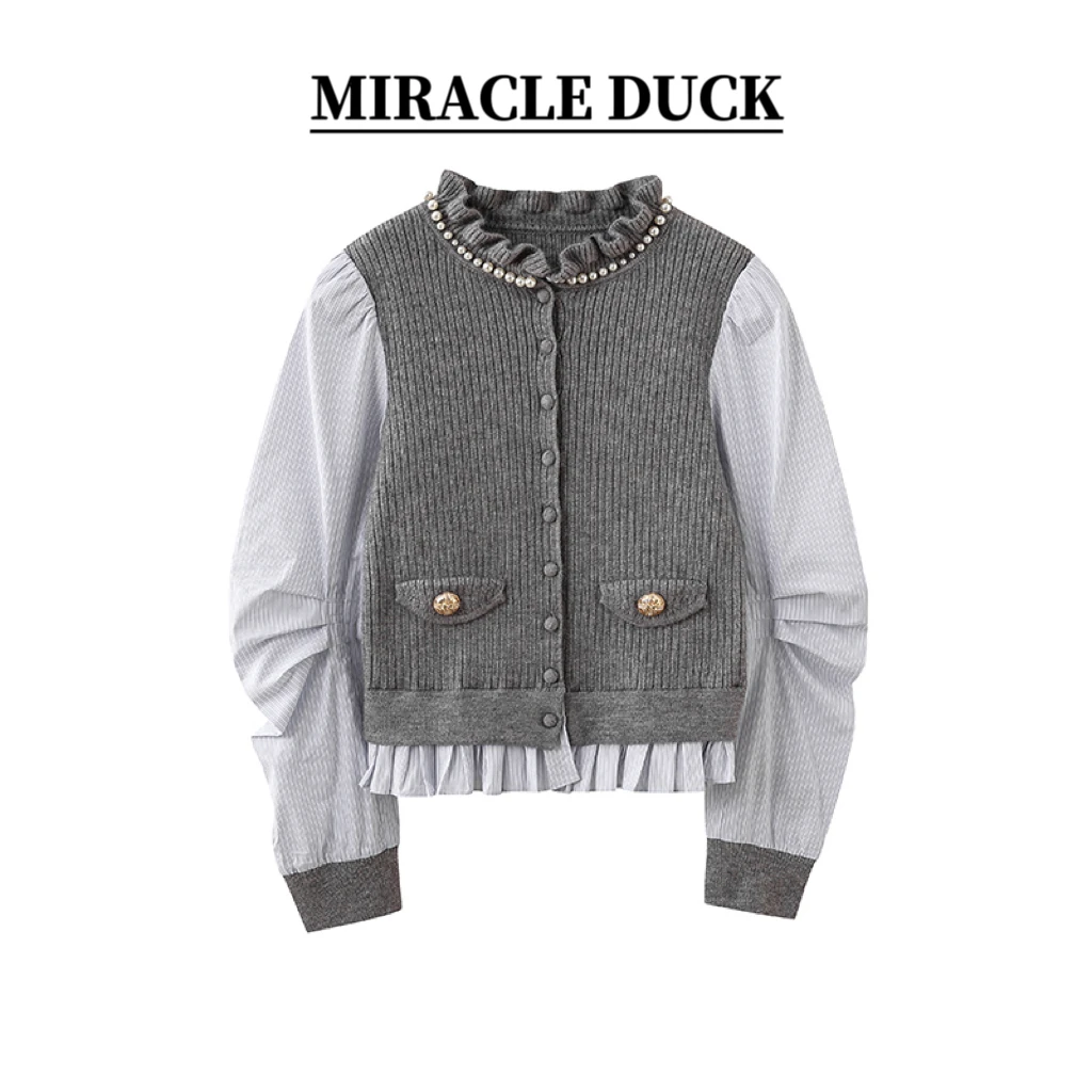 【银色黎明】时尚钉珠针织拼接设计感洋气假两件衬衫长袖上衣C1424