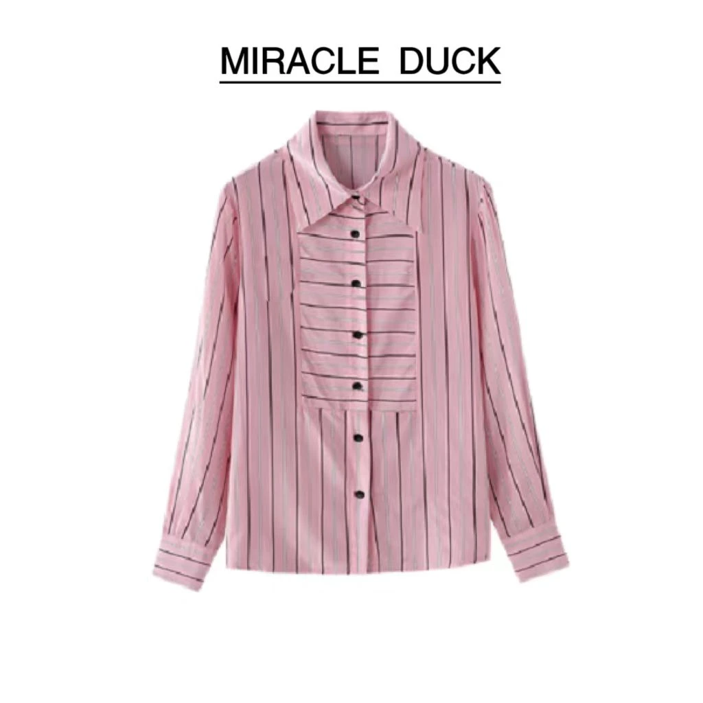 【粉色条纹】春夏新款时尚气质设计感条纹撞色长袖衬衫女士C231