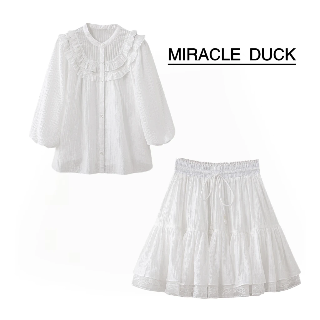 1号 【白日衣绣】夏季新款甜美花边捏折蕾丝上衣短裙套装C1214