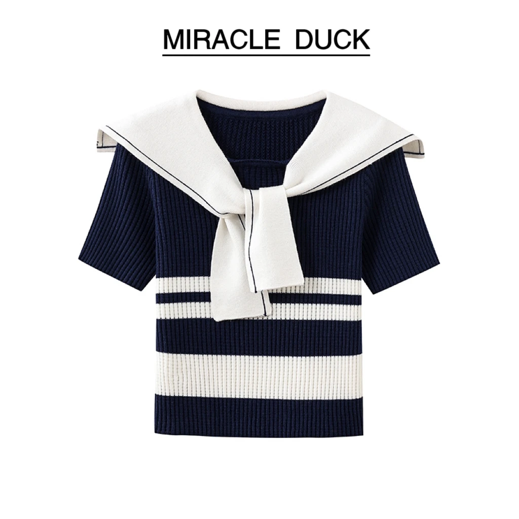 1号【海军领】 夏季透气海军领撞色条纹拼接百搭短袖针织衫女C1300