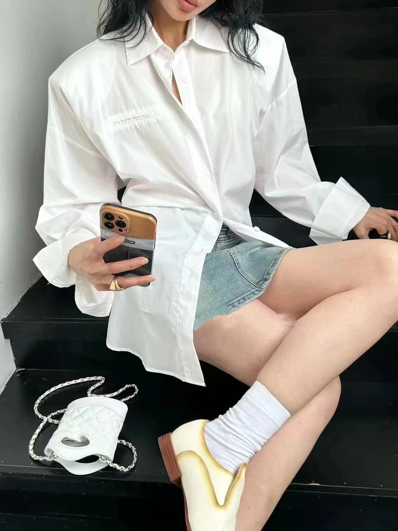 夏季时尚韩版设计感潮流薄款百搭休闲宽松长袖绑带防晒衬衣有垫肩