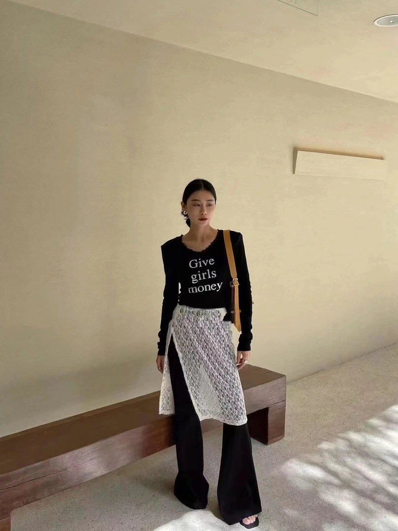 春夏时尚气质百搭韩版设计师显瘦拼屁帘垂感有弹性微喇休闲长裤