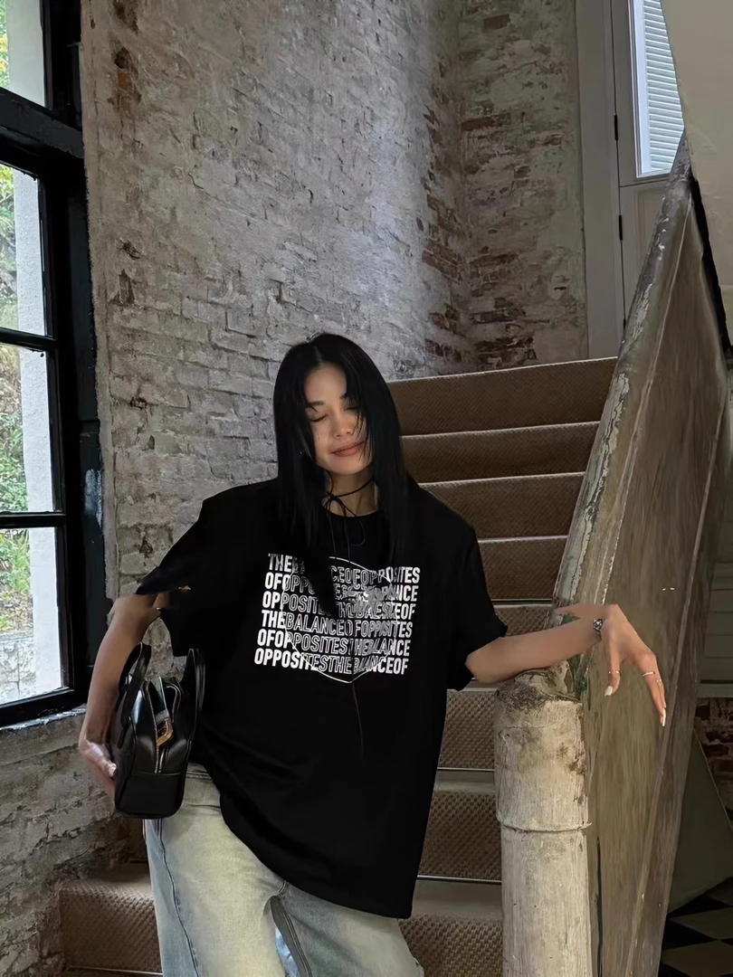 夏季时尚设计师小众复古潮流美式百搭大版宽松印花休闲圆领T恤