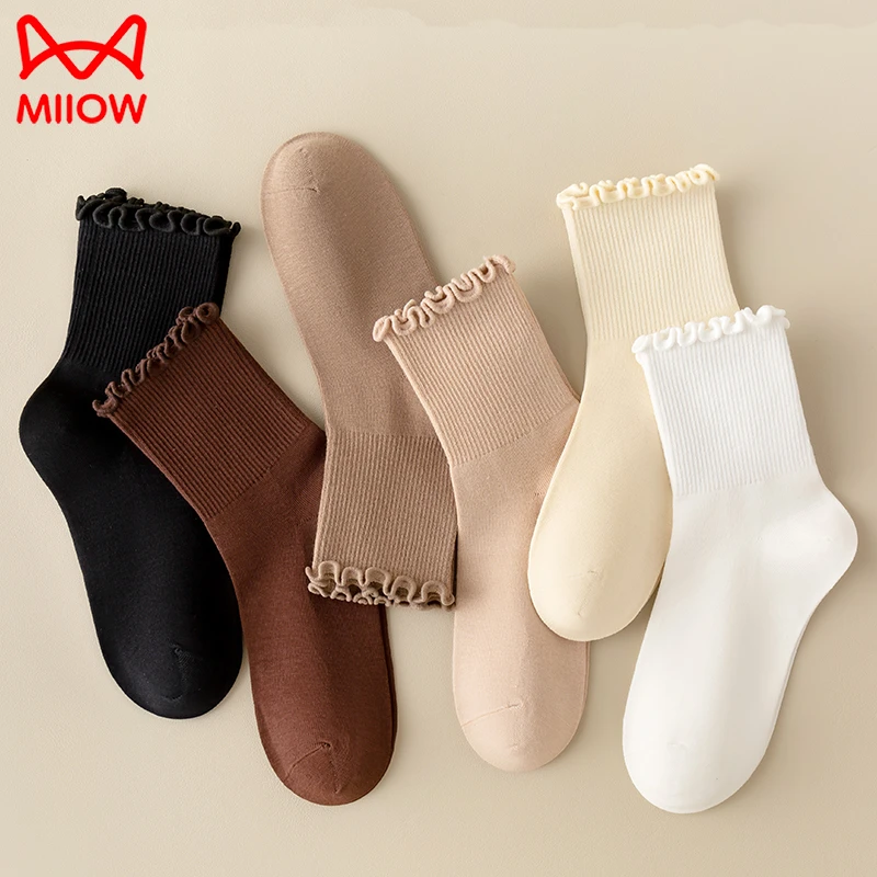 猫人袜子棉透气防臭女袜中筒花边春秋高弹百搭网红堆堆无骨袜冬季