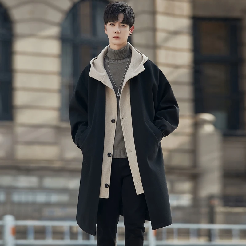 轻奢风数据好货风衣男中长款假两件毛呢大衣男外景黑男士休闲宽松