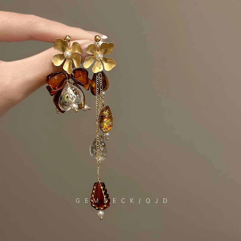 铜合金树脂耳饰 复古花朵流苏耳钉港风美拉德重工设计新中式耳饰