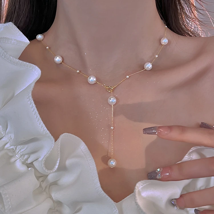 铜合金仿珍珠项链 满天星~法式性感Y字流苏项链高级感气质锁骨链